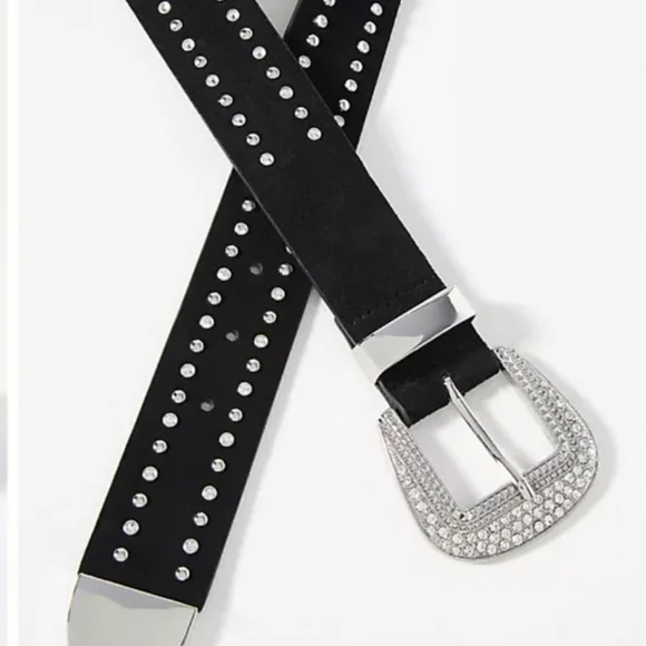 Anthropologie Rhinestone Studded Black Leather Belt Silver Accents Western NWOT - Picture 2 of 10